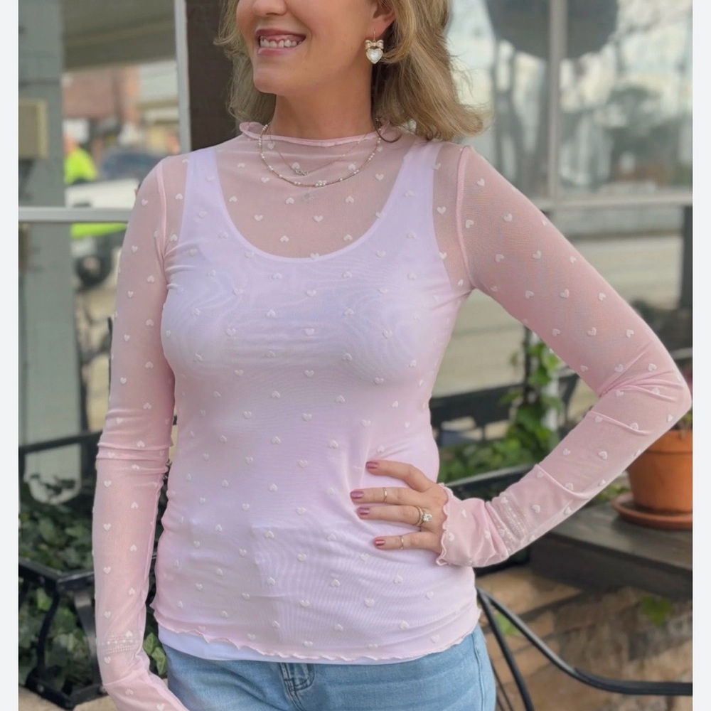 1550 **Pink Lace Mesh Tide-Bow Layering Top - Picture 2 of 13